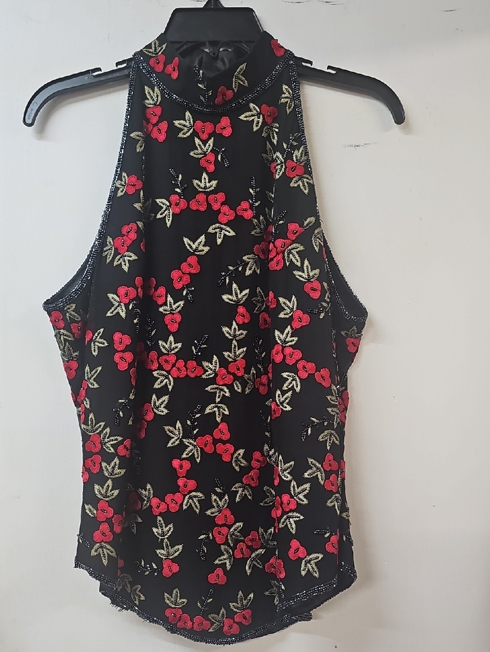 Vintage High Neck Floral Camisole Tank - Black with Red Floral With Seed Beads